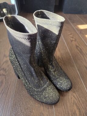 HOTKISS Black and Gold Sparkle Block Heel Ankle Boots